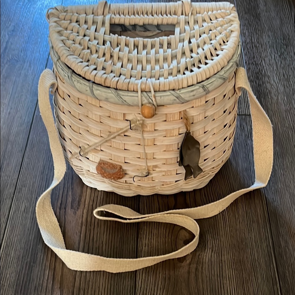 Vintage wicker fishing basket decor